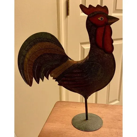 Rooster Metal Decor Puffed Pedestal Painted Green Yard 14"‎ Barn Yard - Picture 1 of 6